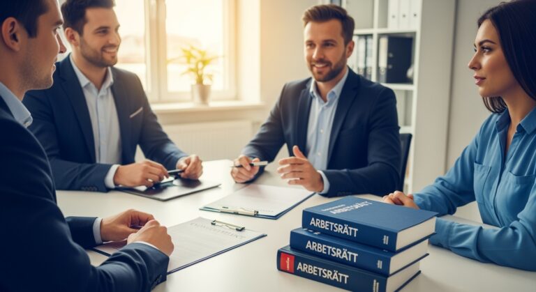 Arbetsrätt småföretag - professionell arbetsplats med arbetsgivare, anställda och anställningsavtal på mötesrum