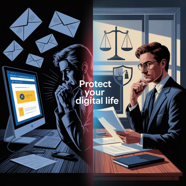 Digitala bedrägerier och juridiskt skydd - realistisk professionell illustration som visar digitala bankbedrägerier och juridiskt skydd. Delad komposition: vänster sida visar realistisk orolig person vid datorskärm med falsk phishing-bankwebbplats, varningsmeddelanden, misstänksamma mail på skrivbordet och mörka hotfulla skuggor som representerar hackare. Höger sida visar professionellt juridiskt skydd med realistisk svensk jurist, juridiska dokument, rättvisans våg och säkerhetssköldar som skyddar bankkonton i fotorealistisk men illustrativ stil med naturlig belysning och blå-röd färgpalett.