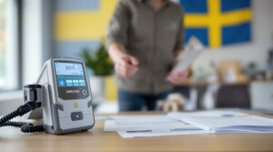 Professionell fastighetsbesiktning 2025 - besiktningsman med modern fuktdetektor undersöker svensk fastighet med juridiska dokument på skrivbord - Juristakuten Göteborg