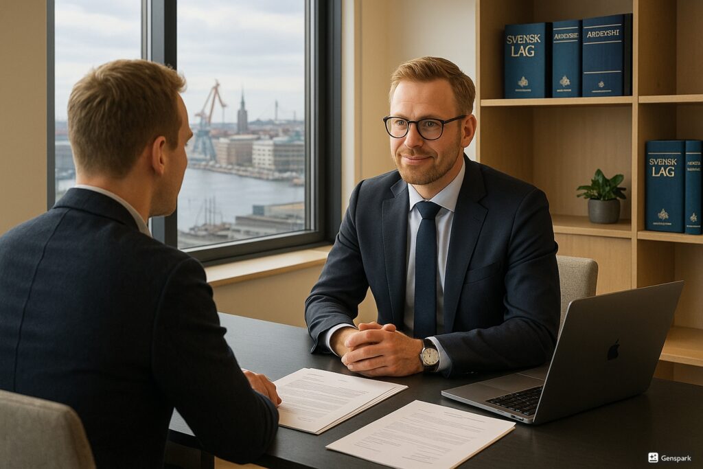 Professionell svensk jurist i kostym som konsulterar klient vid modernt skrivbord med juridiska dokument och laptop, Göteborgs skyline synlig genom stora fönster i bakgrunden, representerar arbetsrättslig expertis i Göteborg