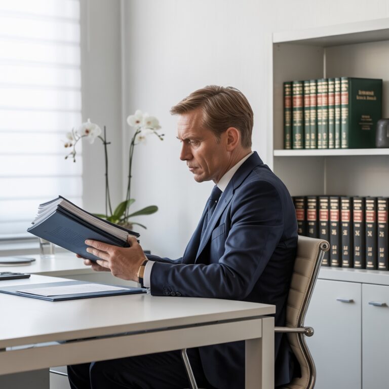 Professionell arbetsrättsjurist konsultation på svensk advokatbyrå - ren modern kontorsmiljö med naturligt ljus. Professionell svensk jurist i affärsklädsel vid skrivbord med arbetsrättsliga dokument, svenska arbetsrättsböcker på hyllor. På skrivbordet: blanka dokumentationsformulär, anställningsavtal, läkarintyg och juridiska papper utan synlig text. Professionell konsultationsatmosfär, organiserad arbetsplats med neutrala färger med fokus på arbetsrättsexpertis och arbetstagarskydd i högkvalitativ affärsfotografi utan läsbar text.