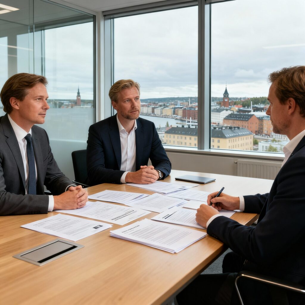 Bolagsjurist i Göteborg granskar och förhandlar företagsöverlåtelse och avtal med entreprenör och köpare i modern kontorsmiljö med stadsutsikt.