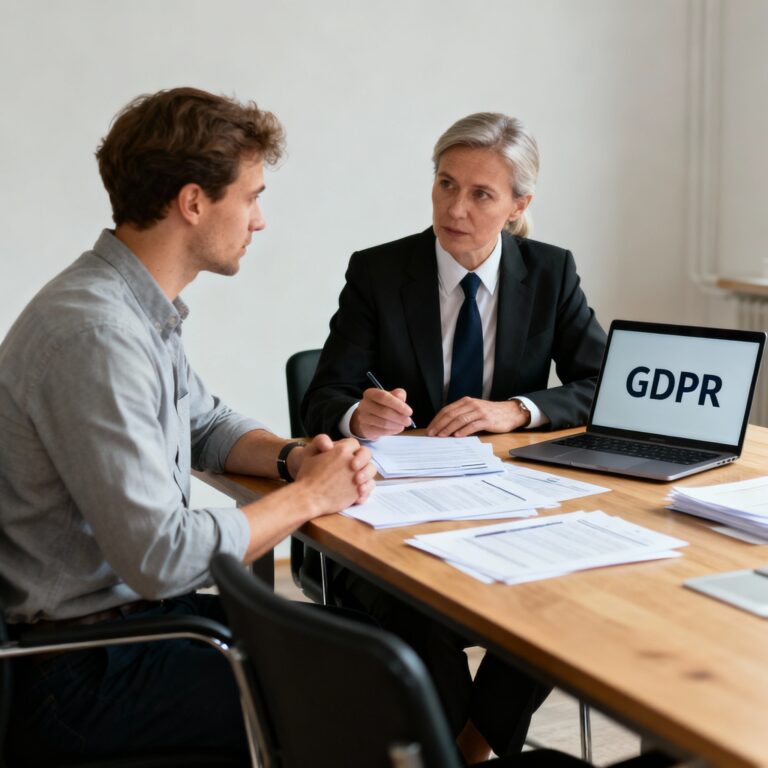 Småföretagare och jurist sitter vid ett mötesbord i Göteborg och diskuterar GDPR och dataskydd, med tydlig text "GDPR" synlig på dokument eller skärm