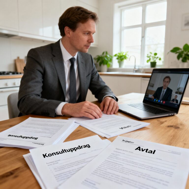 En konsult sitter vid ett köksbord i Göteborg med en laptop, deltar i ett digitalt möte med uppdragsgivare och har juridiska dokument och avtal utspridda på bordet, vilket illustrerar gig-ekonomins arbetsformer