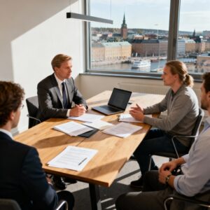 Arbetsrättsjurist och klient diskuterar arbetsrättstvist och bevis i ett modernt konferensrum i Göteborg med stadens silhuett i bakgrunden.