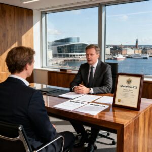 Juridisk rådgivare och advokat i Göteborg ger rådgivning till klient i modern kontorsmiljö med officiella juridiska dokument och stadsutsikt